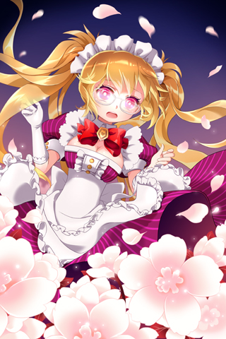 blonde_hair, bow, breasts, cleavage, clenched_hand, flower, frills, gardener_maid, glasses, gloves, long_hair, lowres, maid_headdress, open_mouth, petals, pink_eyes, ribbon, striped, surprised, sword_girls, tari, twintails, very_long_hair