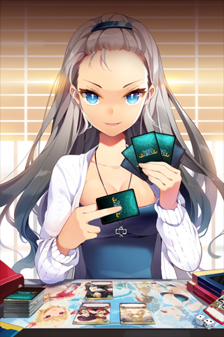 blue_eyes, blue_hair, book, breasts, brown_hair, card, cinia_pacifica, cleavage