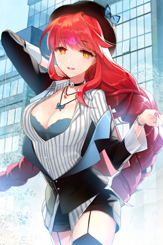 1girl, black_legwear, blazer, braid, breasts, butterfly, choker, cleavage, dress_shirt, garter_straps, grin, hat, jewelry, large_breasts, long_hair, lowres, mother_demon, nail_polish, necklace, open_mouth, orange_eyes, outdoors, parted_lips, red_hair, redhead, salt_(salty), shiny, shiny_skin, shirt, shorts, skull, smile, striped, swept_bangs, sword_girls, thighhighs, very_long_hair, watch, wristwatch