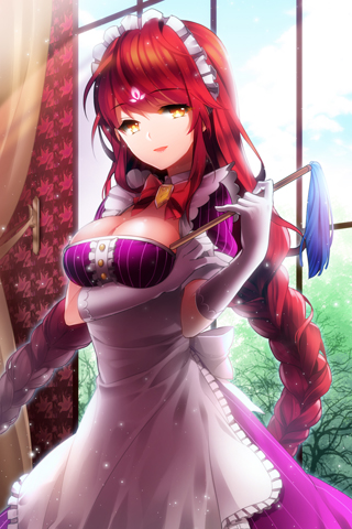 alternate_costume, apron, bangs, bow, braid, feather_duster, frills, gloves