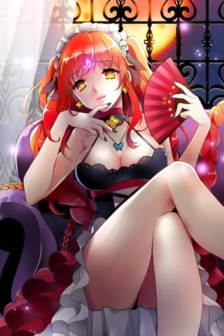 1girl, bare_shoulders, braid, breasts, choker, cleavage, crossed_legs, curtains