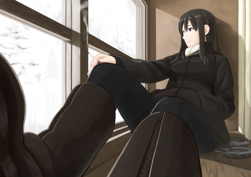 ashtray, black_hair, blue_eyes, boots, cigarette, elizabeth_f_beurling, hand_in_pocket, jacket, long_hair, pantyhose, quick10_117117, sitting, smoking, snow, solo, strike_witches, window