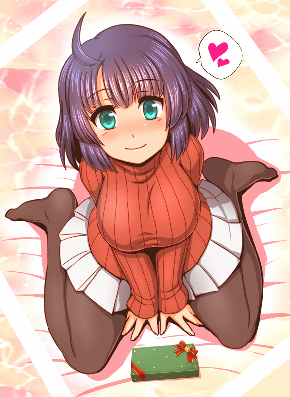 ahoge, aqua_eyes, blush, breasts, brown_legwear, fashion, from_above, gift