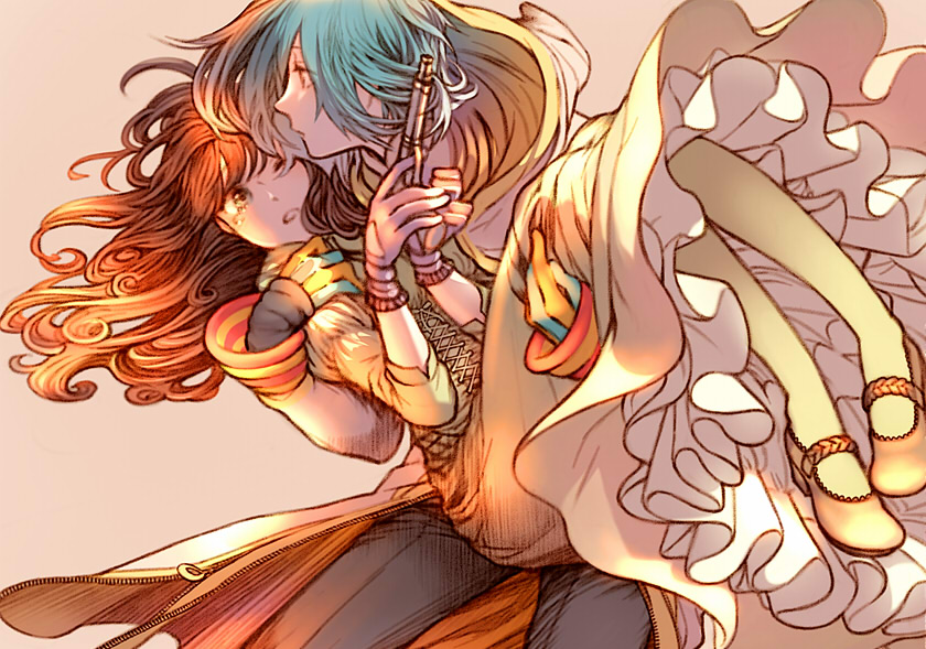 1girl, blue_hair, blush, brown_eyes, brown_hair, cape, carrying, dress