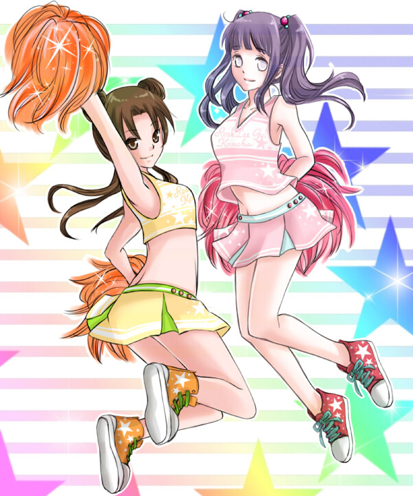 aoi-mitsubachi, blue_hair, brown_hair, butt_crack, cheerleader, double_bun, hyuuga_hinata, long_hair, midriff, multiple_girls, naruto, pom_poms, skirt, smile, star, tenten, twintails, white_eyes