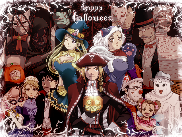 alternate_costume, blonde_hair, cat_paws, clown, clown_nose, costume, edward_elric, elicia_hughes, envy_(fma), fangs, fullmetal_alchemist, ghost_costume, greed, grumman, halloween, happy_halloween, hat, jack-o'-lantern, jack-o'-lantern, ling_yao, maes_hughes, mask, mask_removed, mikumo_sena, mummy, paws, pirate, pumpkin, riza_hawkeye, roy_mustang, scar_(fma), sloth, solf_j_kimblee, the_gate_(fma), top_hat, vampire_costume, wink, winry_rockbell, witch_hat, yellow_eyes
