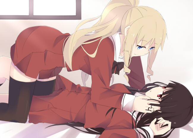 black_hair, blonde_hair, blue_eyes, blush, kirishima_shizuku, long_hair, miya_(miyabi_24), multiple_girls, red_eyes, school_uniform, shitogi_eris, sono_hanabira_ni_kuchizuke_wo, thigh-highs, thighhighs, very_long_hair, yuri