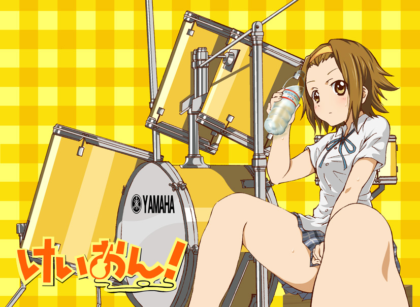 bad_id, brown_eyes, brown_hair, drum, drum_set, drums, hairband, instrument