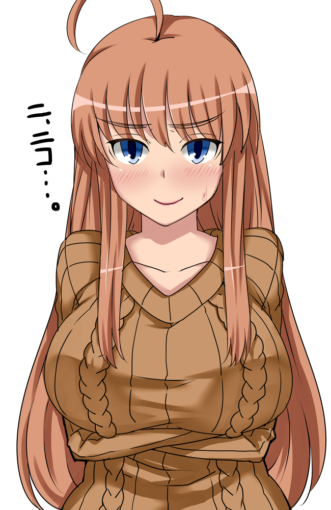 ahoge, alternate_hair_length, alternate_hairstyle, blue_eyes, blush, breast_hold, breasts, brown_hair