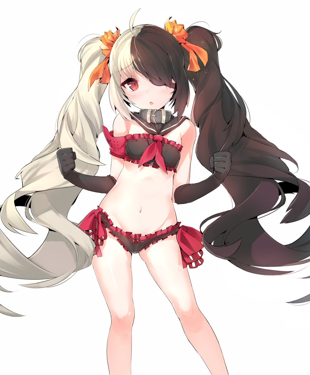 1girl, :o, ahoge, black_bra, black_gloves, black_hair, black_panties, blade_&amp;_soul, blush, bow, bow_panties, bra, collar, cozyquilt, elbow_gloves, eyepatch, flat_chest, gloves, hair_over_one_eye, hair_ribbon, long_hair, looking_at_viewer, mound_of_venus, multicolored_hair, navel, panties, pohwaran, red_eyes, ribbon, silver_hair, simple_background, solo, twintails, two-tone_hair, underwear, underwear_only, very_long_hair, white_background, white_hair