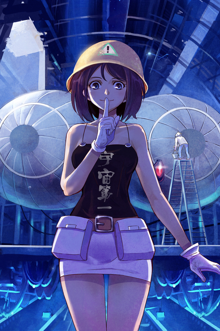 a_place_far_beyond_the_universe, bare_shoulders, belt, black_eyes, black_hair, bucket, chinese, commentary_request