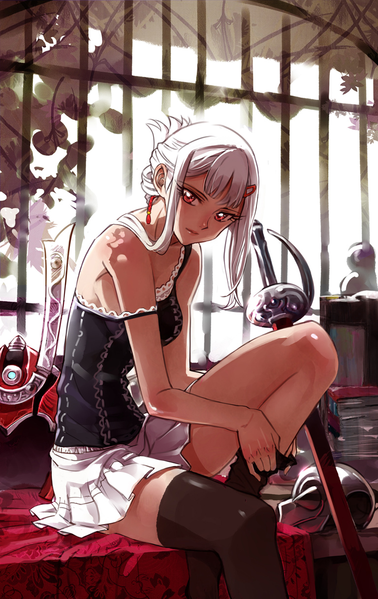 alternate_costume, bare_shoulders, black_legwear, character_request, headwear_removed, helmet, helmet_removed, highres, lips, long_hair, looking_at_viewer, red_eyes, samurai_spirit_yanwu, sanzhuangwangcat, silver_hair, sitting, skirt, solo, strap_slip, sword, thigh-highs, thighhighs, thighhighs_pull, weapon