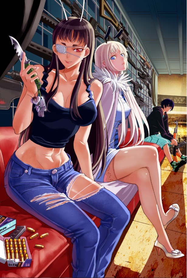 2girls, ak-47, assault_rifle, bai_hua, bare_shoulders, black_hair, blue_eyes, breasts, bullet, collarbone, cosplay, cross, cross_necklace, crossed_legs, eyepatch, gun, high_heels, holding, holding_knife, jeans, jormungand, knife, koko_hekmatyar, lips, liu_li, long_hair, looking_at_viewer, midriff, multiple_girls, navel, red_eyes, rifle, sanzhuangwangcat, school_shock, shoes, shun_hao_xuan, silver_hair, sitting, sofia_valmer, tank_top, thigh-highs, thighhighs, torn_clothes, torn_jeans, weapon