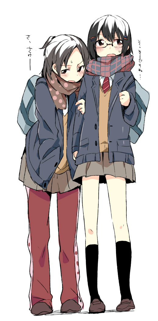 arm_hug, bag, black_legwear, blush, brown_hair, glasses, hair_ornament, hairclip