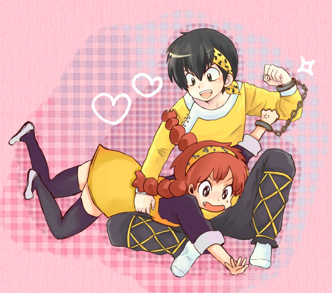 bandana, black_hair, braid, cuffs, disguise, fang, genderswap, hair_ribbon