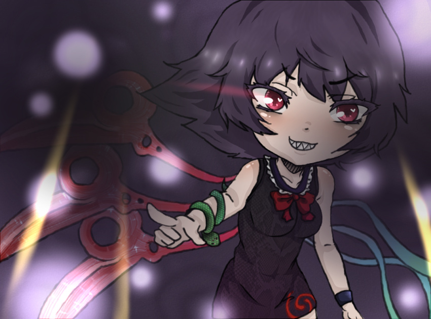 adapted_costume, asymmetrical_wings, black_dress, black_hair, blush, bow, breasts, danmaku