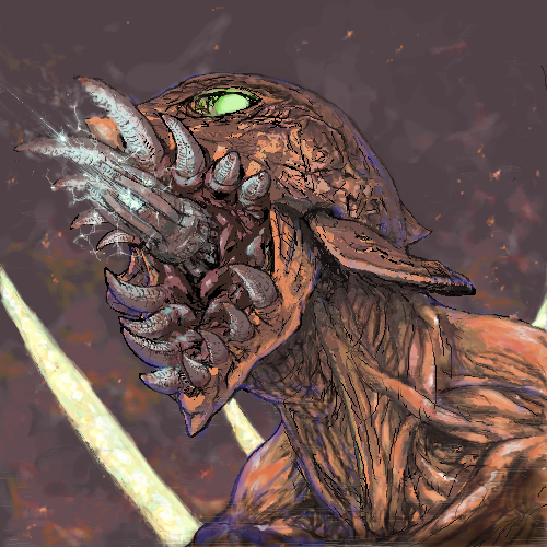 glowing_eyes, green_eyes, kaze_no_tani_no_nausicaa, kyoshinhei, lowres, monster, open_mouth, portrait