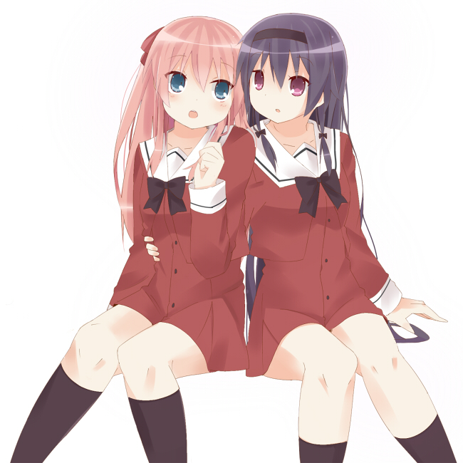 :o, ayase_miya, azumi_risa, black_hair, blue_eyes, blush, hair_ribbon, hairband