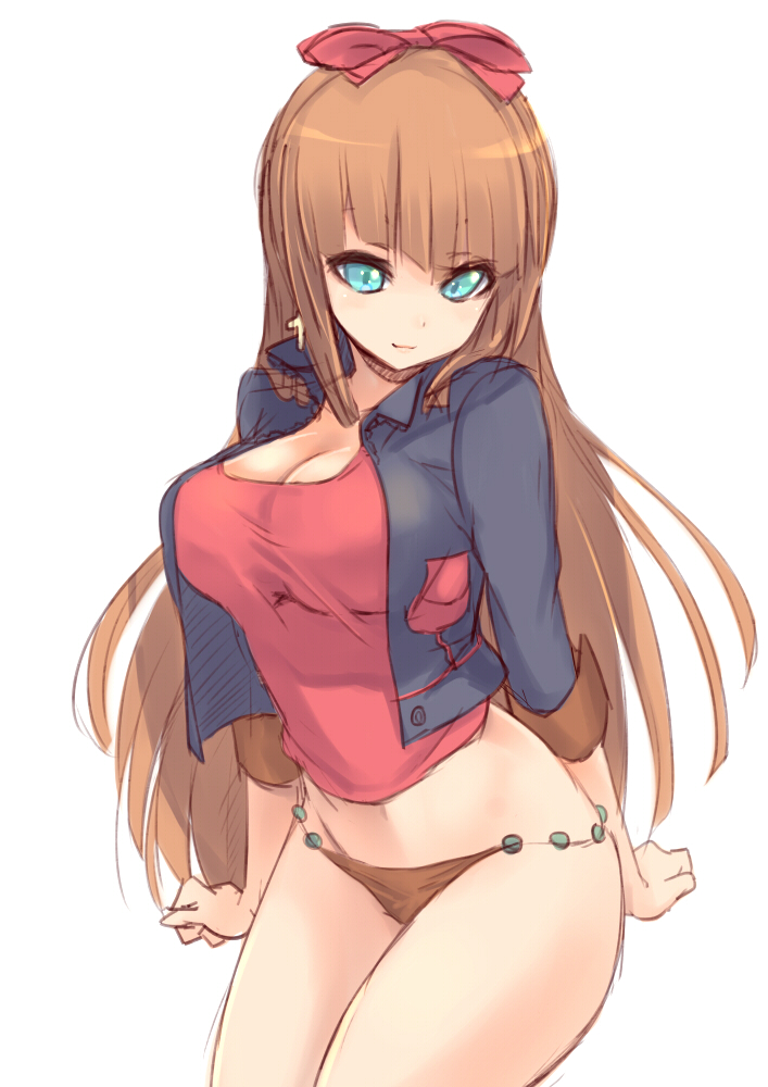 1girl, aqua_eyes, bad_id, bow, breasts, brown_hair, cleavage, hair_bow
