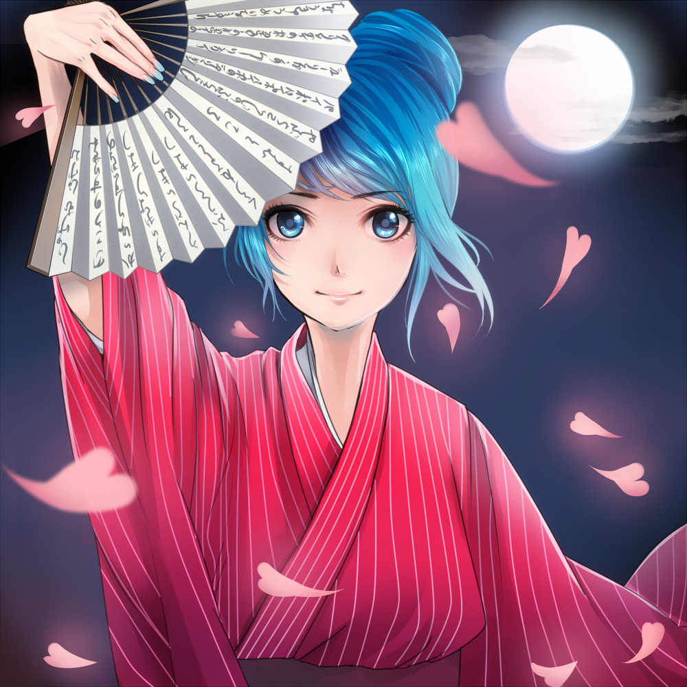 alternate_hairstyle, blue_eyes, blue_hair, fan, full_moon, hatsune_miku, holding, japanese_clothes