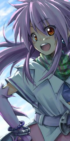 arche_klein, blush, brown_eyes, hand_on_hip, laughing, long_hair, lowres, payot