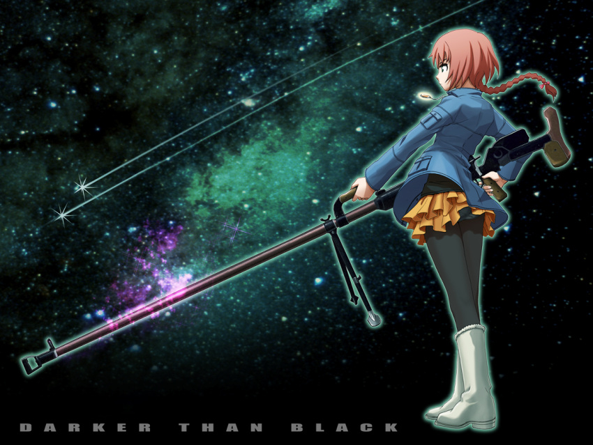 anti-materiel_rifle, ass, black_legwear, boots, braid, darker_than_black, falling_star, green_eyes
