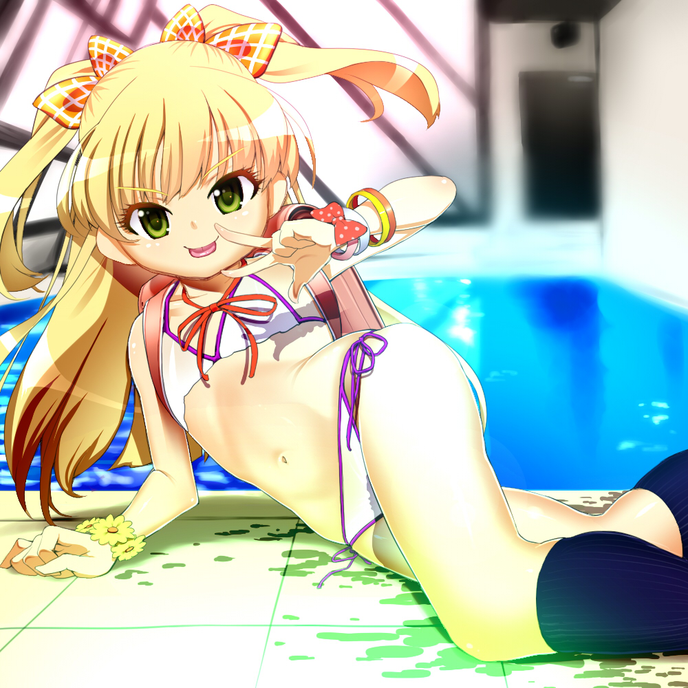 :p, aburisamon, backpack, bag, bikini, blonde_hair, blush, bow