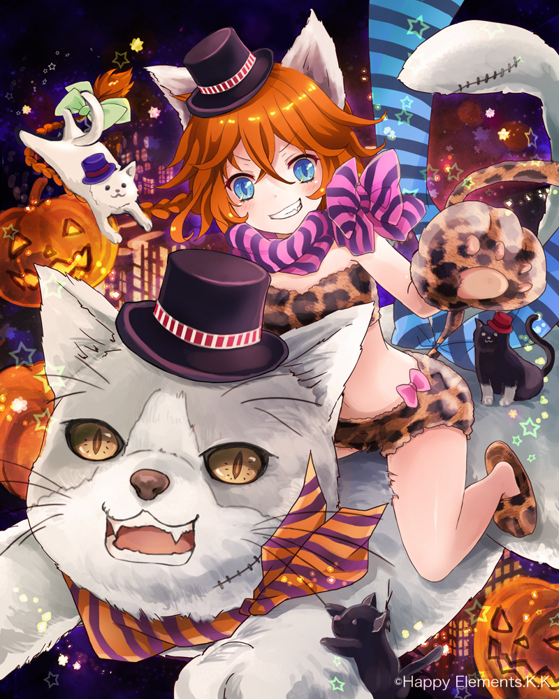 ahoge, animal_ears, black_legwear, blue_eyes, blush, bow, braid, cat