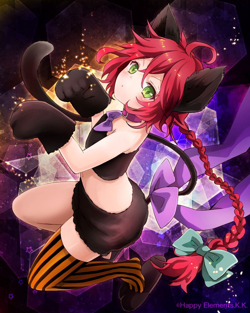 animal_ears, blush, bow, braid, cat_ears, cat_paws, cat_tail, copyright_request, green_eyes, hair_bow, long_hair, looking_at_viewer, majoca_majoluna, paws, red_hair, redhead, rie_(ooorie), single_braid, single_thighhigh, solo, striped, striped_legwear, tail, thigh-highs, thighhighs, watermark