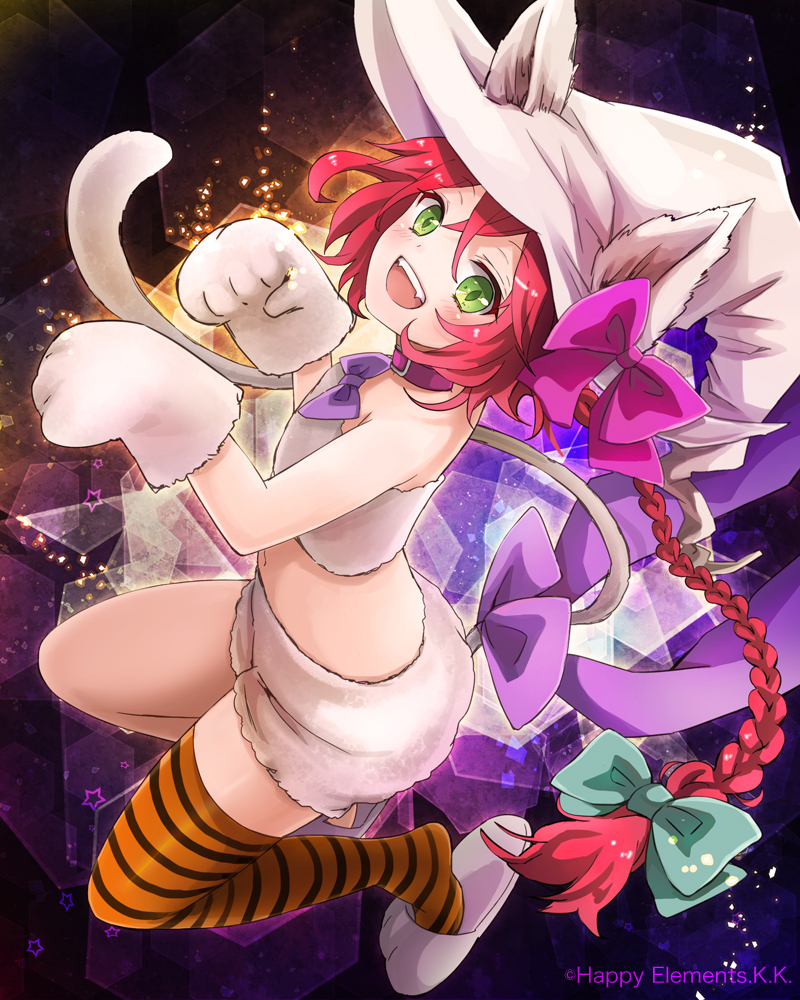 :d, animal_ears, blush, bow, braid, cat_ears, cat_paws, cat_tail, copyright_request, green_eyes, hair_bow, hat, long_hair, looking_at_viewer, majoca_majoluna, open_mouth, paws, red_hair, redhead, rie_(ooorie), single_braid, single_thighhigh, smile, solo, striped, striped_legwear, tail, thigh-highs, thighhighs, watermark, witch_hat