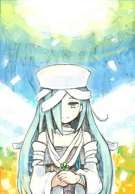 blue_eyes, blue_hair, clover, four-leaf_clover, hair_over_one_eye, hat, long_hair, ootani_yoshitsugu_(sengoku_collection)