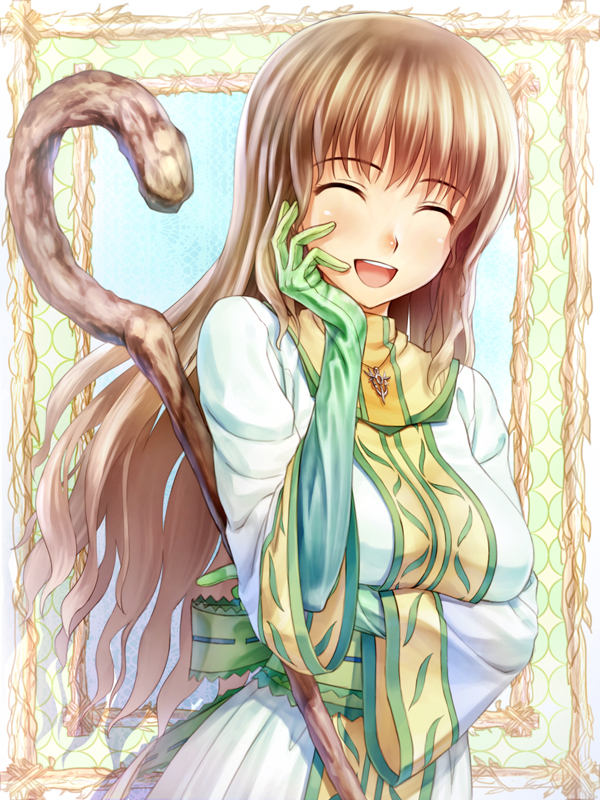 400, :d, ^_^, bad_id, brown_hair, closed_eyes, dress, elbow_gloves
