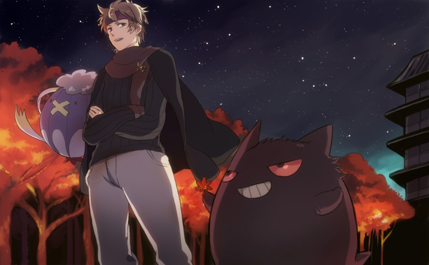crossed_arms, drifblim, gengar, gym_leader, headband, ikuryomaga, leaf, matsuba_(pokemon)