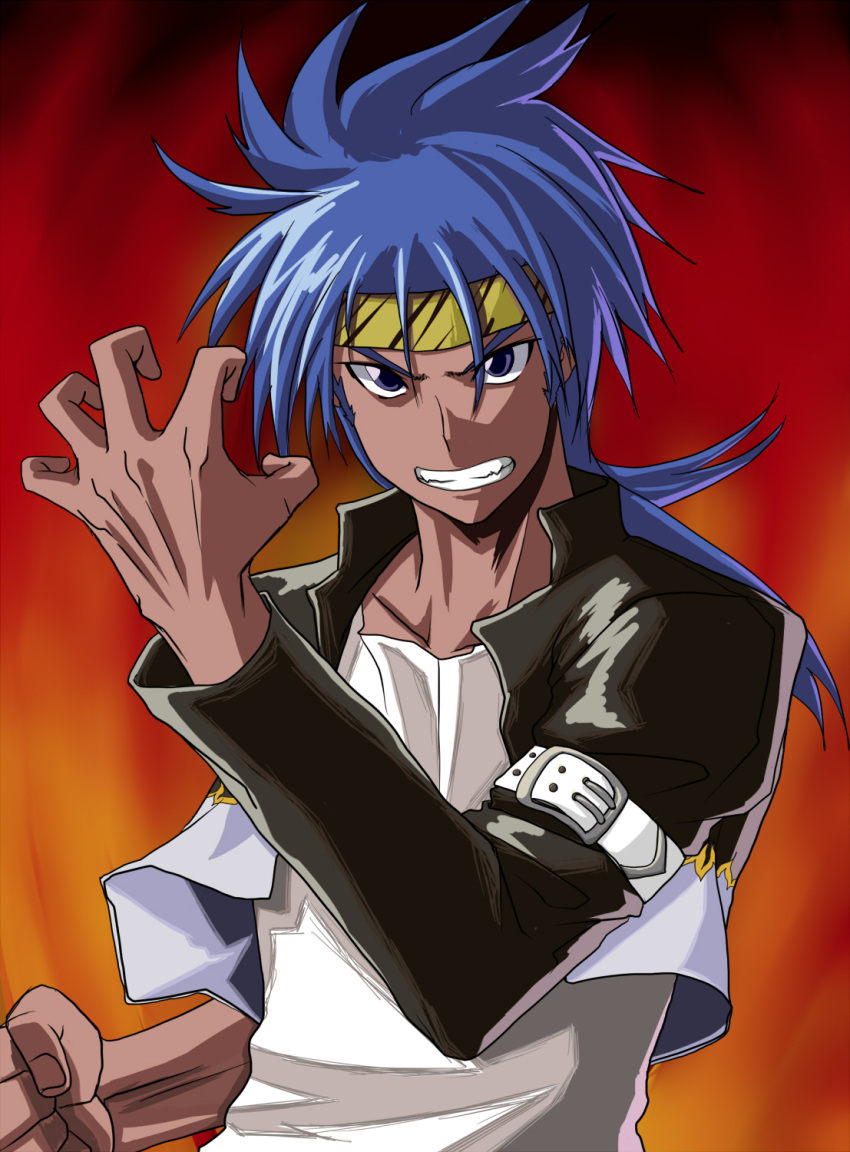 blue_hair, clenched_hand, cropped_jacket, dark_skin, eyebrows, fang, fighting_stance, gousaikoo