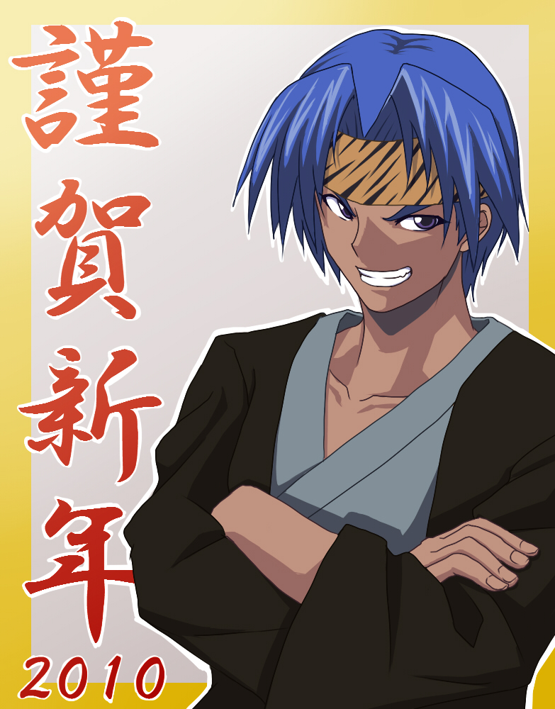 alternate_hairstyle, blue_hair, crossed_arms, dark_skin, eyebrows, fang, gousaikoo, grin