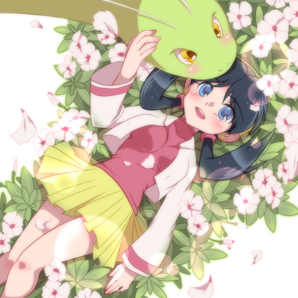 1girl, atom_(@tom), blue_eyes, blue_hair, crystal_(pokemon), earrings, hat, jewelry, lying, meganium, open_mouth, pokemon, pokemon_(creature), pokemon_special, skirt, smile, star, star_earrings, twintails