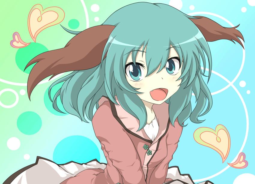 1girl, animal_ears, blue_eyes, blue_hair, dress, fang, green_eyes, green_hair
