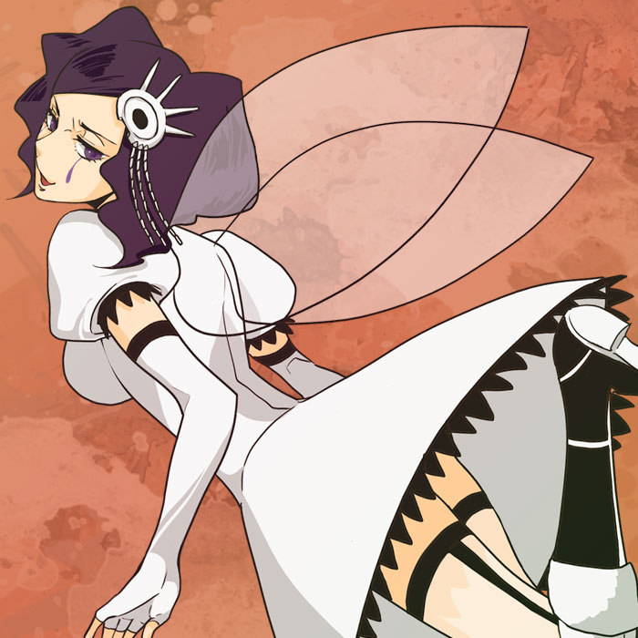 bleach, boots, breasts, cirucci_sanderwicci, dress, elbow_gloves, facial_mark, fingerless_gloves