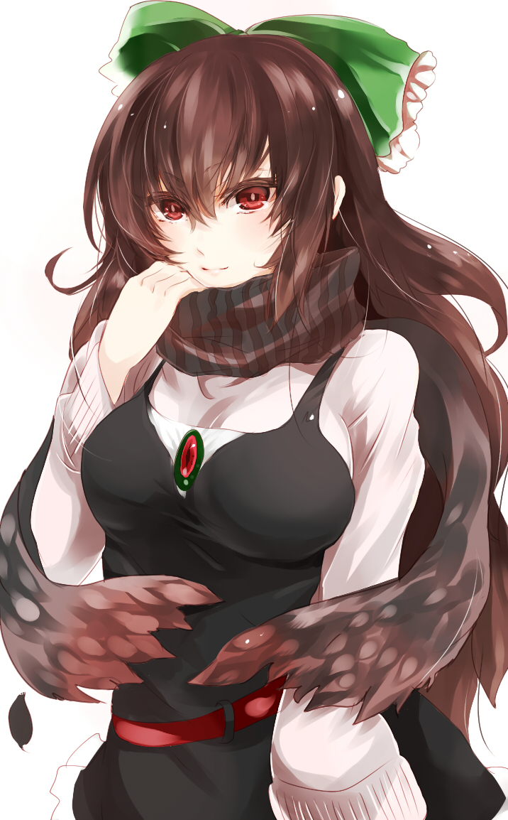 alternate_costume, amua, belt, black_hair, black_wings, bow, brown_hair, casual, contemporary, hair_bow, long_hair, red_eyes, reiuji_utsuho, scarf, simple_background, smile, solo, striped, striped_scarf, sweater, third_eye, touhou, white_background, wings
