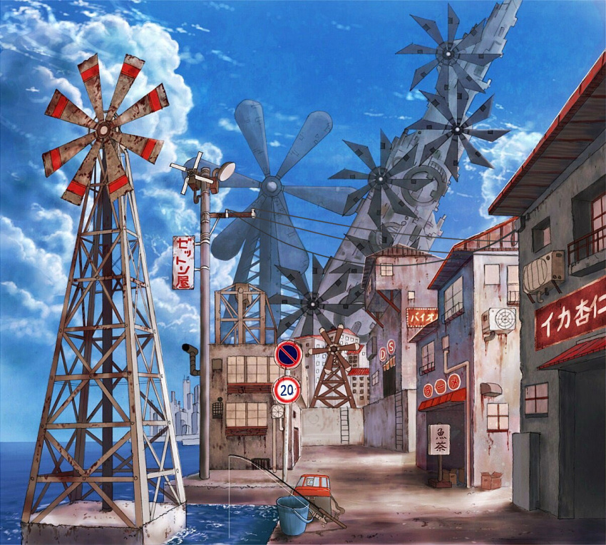 air_conditioner, building, cityscape, cloud, clouds, cola_(gotouryouta), commentary, fishing_rod