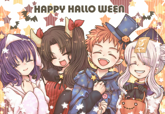 1boy, 3girls, ^_^, brown_hair, child, closed_eyes, emiya_shirou, eyes_closed, fangs, fate/zero, fate_(series), halloween, happy_halloween, hat, horns, illyasviel_von_einzbern, jiangshi, long_hair, matou_sakura, minnnaorenoyome, multiple_girls, orange_hair, pumpkin_hair_ornament, purple_eyes, purple_hair, short_hair, tohsaka_rin, toosaka_rin, top_hat, triangular_headpiece, twintails, violet_eyes, white_hair, young