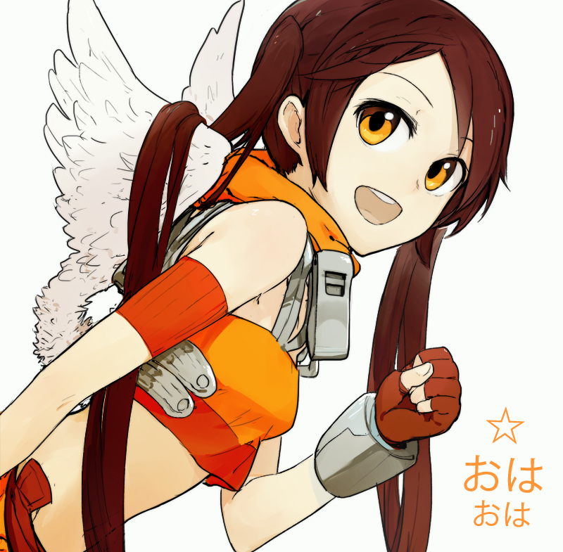 arancia, bare_shoulders, brown_hair, fingerless_gloves, francisco_valle, gloves, midriff, open_mouth
