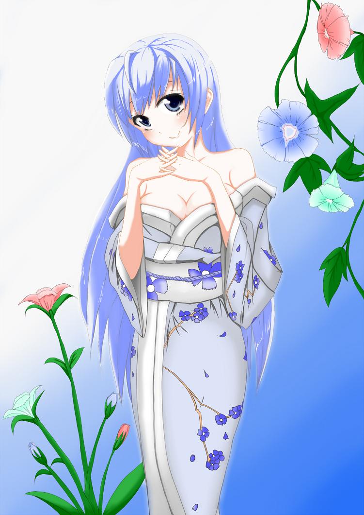 breasts, chawa_(yossui009), cleavage, flower, japanese_clothes, kimono, looking_at_viewer, off_shoulder