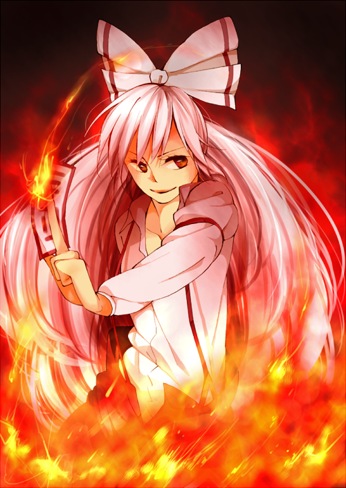 >:), between_fingers, fire, flame, fujiwara_no_mokou, hair_ribbon, long_hair, long_sleeves, looking_away, ofuda, orange_eyes, red_eyes, ribbon, silver_hair, smile, solo, tada_kaoru, touhou