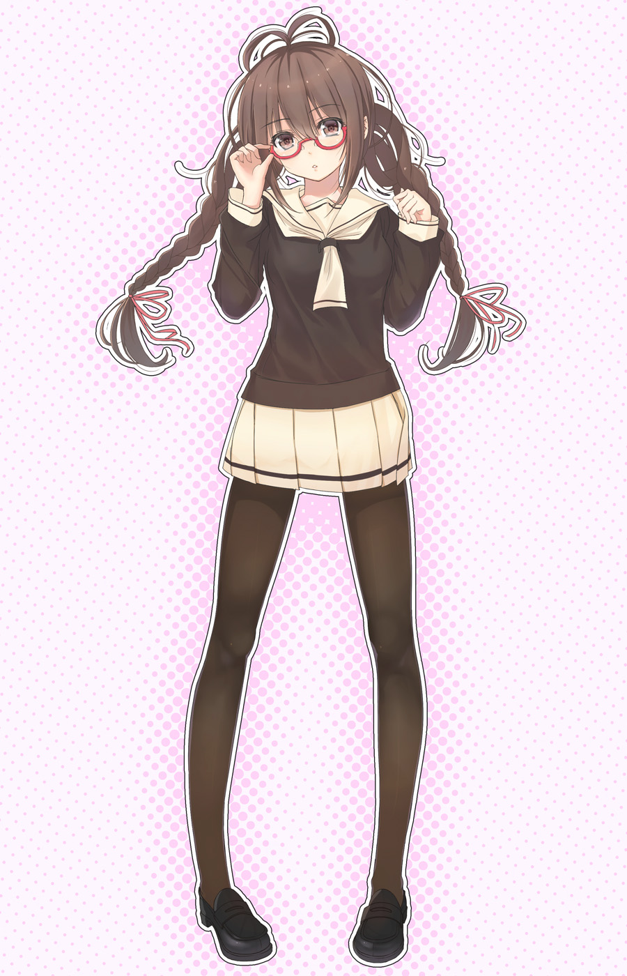 adjusting_glasses, black_legwear, braid, brown_hair, drill_hair, glasses, highres, kagerou_(shadowmage)