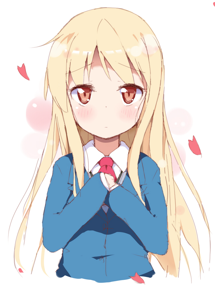 blonde_hair, blush, brown_eyes, hachi_(orange), long_hair, looking_at_viewer, necktie, petals