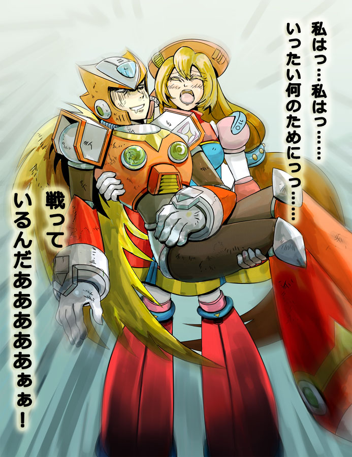 armor, beret, blonde_hair, brown_hair, dress, drool, hat, helmet