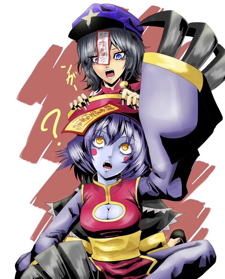 ?, black_hair, blue_eyes, blue_skin, blush_stickers, breasts, claws, cleavage