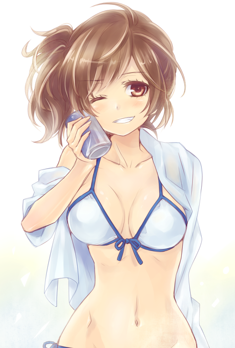 ;), bikini, blush, breasts, brown_eyes, brown_hair, can, collarbone