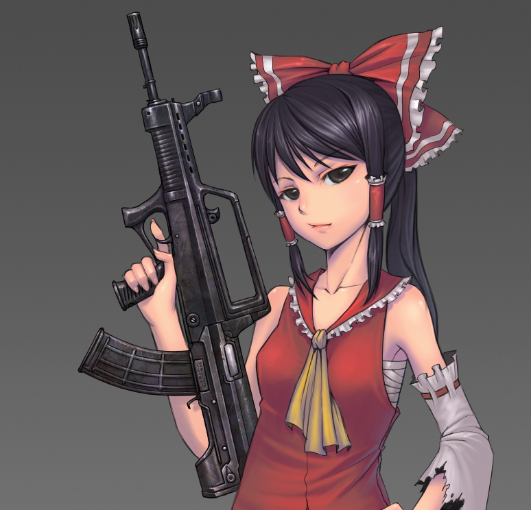 assault_rifle, bandage, bandages, bare_shoulders, black_eyes, black_hair, bow, bullpup